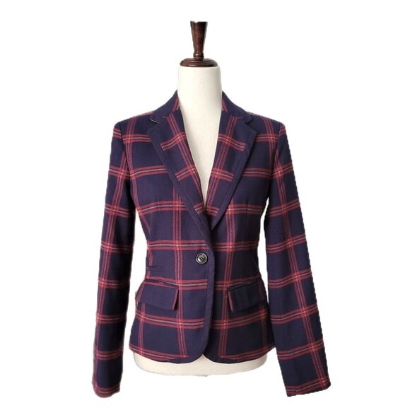 Plaid Blazer Jacket Wool Blend Navy & Red Dark Academia Hogwarts - Picture 1 of 10